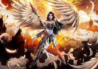 Картинка фэнтези ангелы девушка фон взгляд униформа крылья копьё