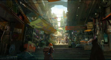 Картинка фэнтези люди улица рынок город ступени торговля
