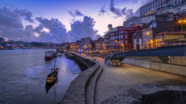 Обои картинки фото города, порту , португалия, река, набережная, вечер, огни