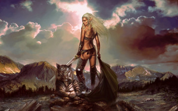 Картинка фэнтези красавицы чудовища эльфийка воительница тигр горы