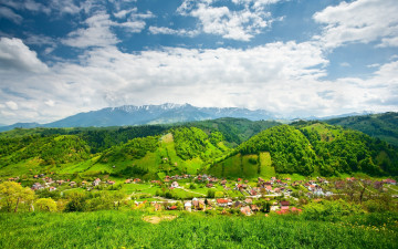 Картинка природа пейзажи горы зелень поселок трава