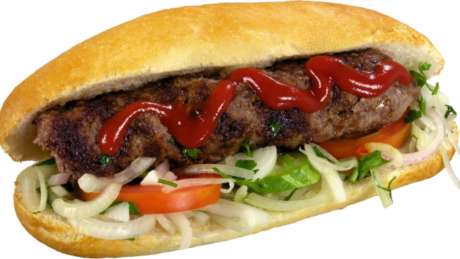 Обои картинки фото еда, бутерброды, гамбургеры, канапе, хот-дог, ромидор, лук, соус