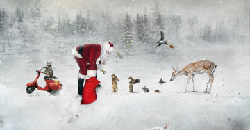 обоя праздничные, рисованные, енот, зима, зайцы, олень, новый, год, дед, мороз, рождество, мотороллер, снег