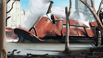 Картинка фэнтези транспортные+средства колесный пароход стимпанк будущее гавань винт