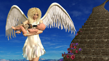 Картинка tipsy+angel 3д+графика angel+ ангел крылья лестница младенец виски