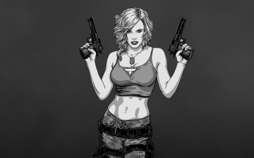 обоя видео игры, command & conquer,  red alert, девушка, пистолеты, топ, оружие, черно-белая, блондинка