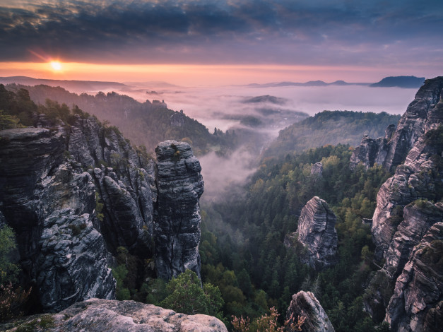 Обои картинки фото природа, горы, скалы, лес, туман, утро, восход