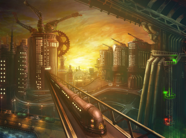 Обои картинки фото фэнтези, иные миры,  иные времена, мегаполис, поезд, здания, мир, будущее, иной