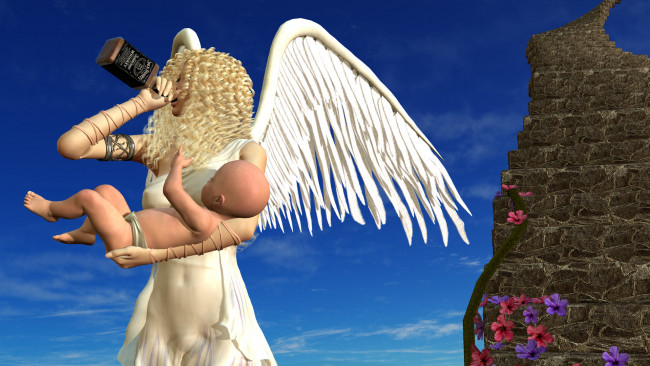 Обои картинки фото tipsy angel, 3д графика, angel , ангел, крылья, лестница, младенец, виски