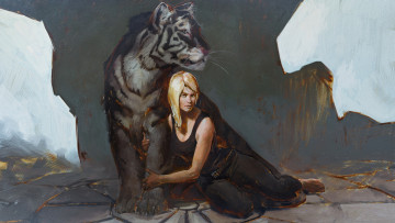 Картинка рисованное люди тигр девушка арт блондинка взгляд