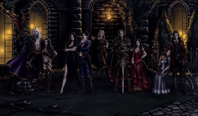 Обои картинки фото фэнтези, люди, женщины, ночь, меч, рыцарь, костюмы, факел, замок, мужчины, мистика, вампир, арт