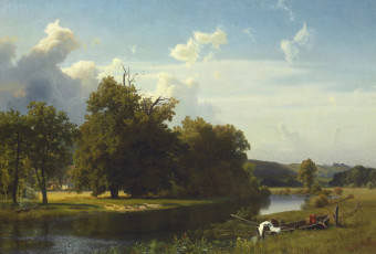 Картинка рисованное живопись лодка картина вестфалия альберт бирштадт река пейзаж