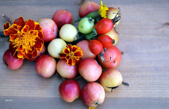 Обои картинки фото еда, фрукты,  ягоды, бархатцы, шиповник, яблоки, тагетес