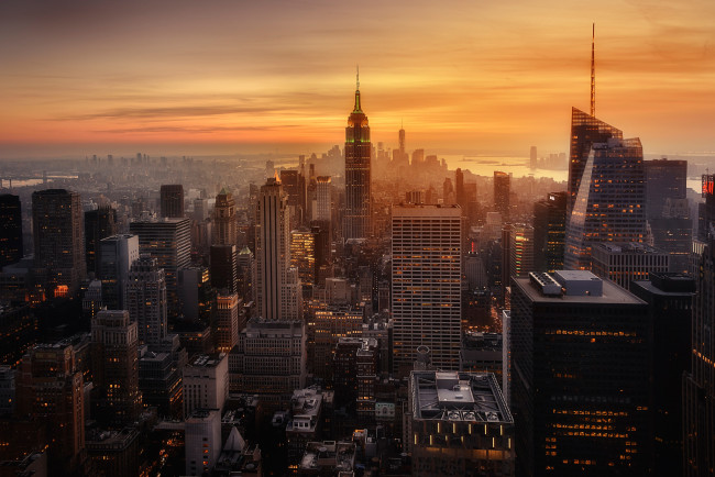 Обои картинки фото города, нью-йорк , сша, нью, -, йорк, закат, город, вечер, дымка