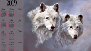 обоя календари, рисованные,  векторная графика, животное, двое, волк