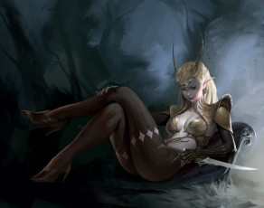 Картинка фэнтези эльфы девушка оружие лес