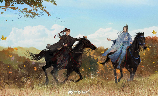 Обои картинки фото аниме, mo dao zu shi, вэй, усянь, лань, ванцзы, лошади