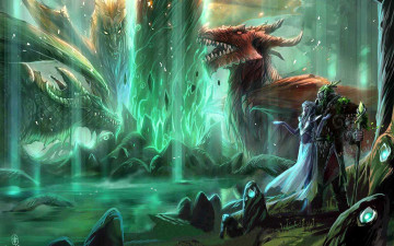 обоя видео игры, world of warcraft, драконы, озеро, пещера, камни, эльфы