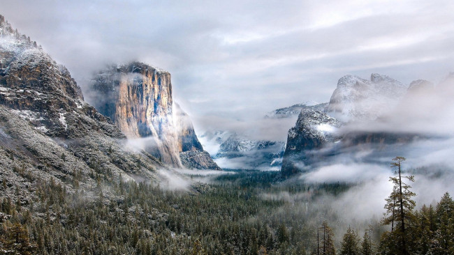 Обои картинки фото природа, горы, распадок, леса, туман, облака, панорама