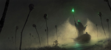 Картинка фэнтези маги +волшебники черепа озеро колдун ночь посох маг лодка