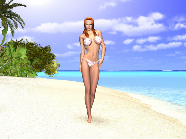 Обои картинки фото 3д графика, люди , people, девушка, взгляд, пляж, бикини, песок, море, пальмы