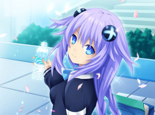 обоя аниме, hyperdimension neptunia, взгляд, hyperdimension, neptunia, девушка, бутылка, purple, heart, арт, planeptune