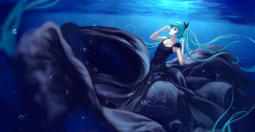 Картинка аниме vocaloid лучи пузырьки вода платье арт девушка sombernight hatsune miku