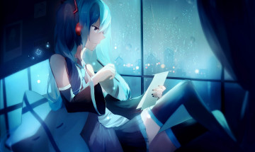 Картинка аниме vocaloid девушка окно ночь арт лист карандаш lococo-p hatsune miku