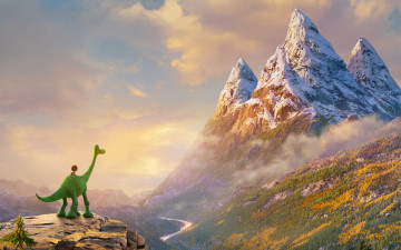 Картинка мультфильмы -unknown+ разное приключения ущелье лес река скалы горы мальчик зеленый динозавр пейзаж фэнтези мультфильм the good dinosaur хороший