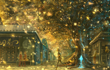 Картинка аниме город +улицы +здания bou nin блики дерево люди здания лавки