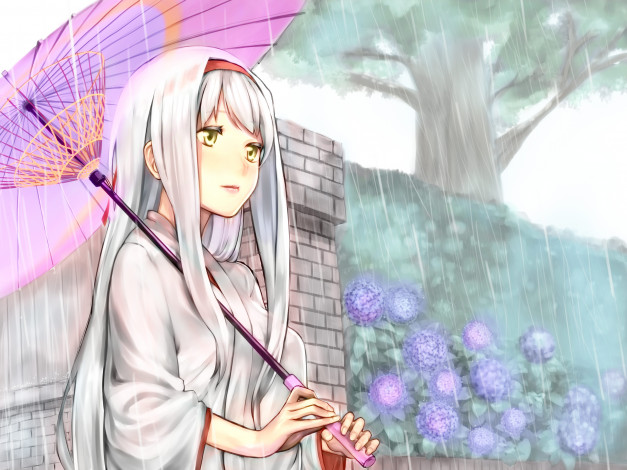 Обои картинки фото аниме, kantai collection, shoukaku, арт, kantai, collection, baffu, дождь, зонт, девушка, kancolle