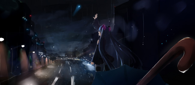 Обои картинки фото аниме, vocaloid, hatsune, miku, дождь, ночь, дорога, арт, зонт, улица, горд, tagme, artist