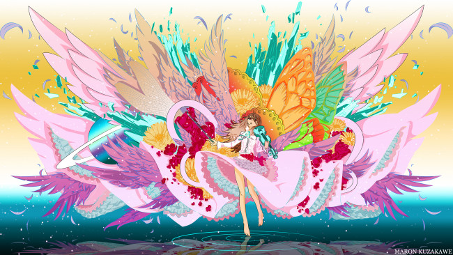 Обои картинки фото аниме, музыка, девушка, крылья, арт, рябь, вода, смычок, скрипка