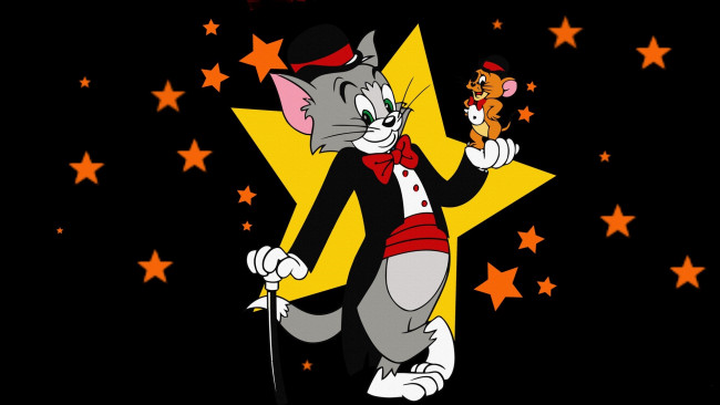 Обои картинки фото мультфильмы, tom and jerry, звезды, мышь, кот