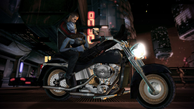 Обои картинки фото видео игры, mass effect, мотоцикл, взгляд, фон, девушка, парень