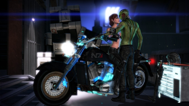 Обои картинки фото видео игры, mass effect, взгляд, мотоцикл, фон, девушка