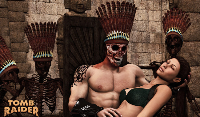 Обои картинки фото видео игры, tomb raider 2013, маска, мужчина, фон, девушка