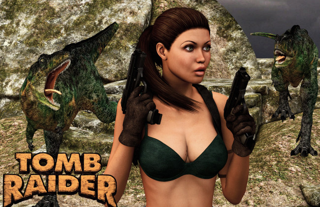 Обои картинки фото видео игры, tomb raider 2013, динозавр, оружие, фон, девушка, взгляд