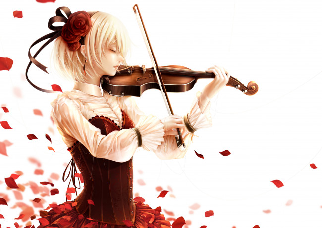 Обои картинки фото аниме, музыка, bouno, satoshi, девушка, цветы, розы, лепестки, скрипка, арт, белый, фон