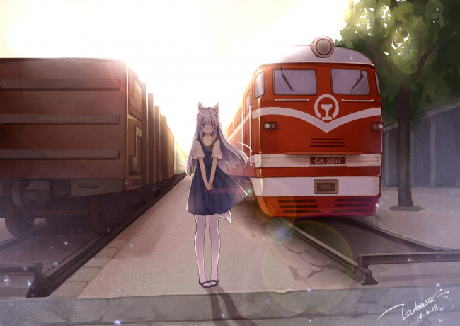 Обои картинки фото аниме, животные,  существа, поезда, девушка, арт, tsubasa