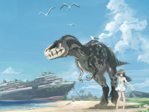 Картинка аниме животные +существа девочка динозавр