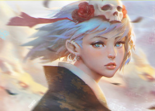 Картинка фэнтези девушки art пирсинг взгляд ушки эльф девочка голубые волосы ветер лицо череп кимоно guweiz