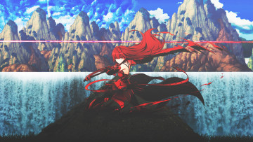 Картинка аниме оружие +техника +технологии арт dinocojv девушка меч горы природа
