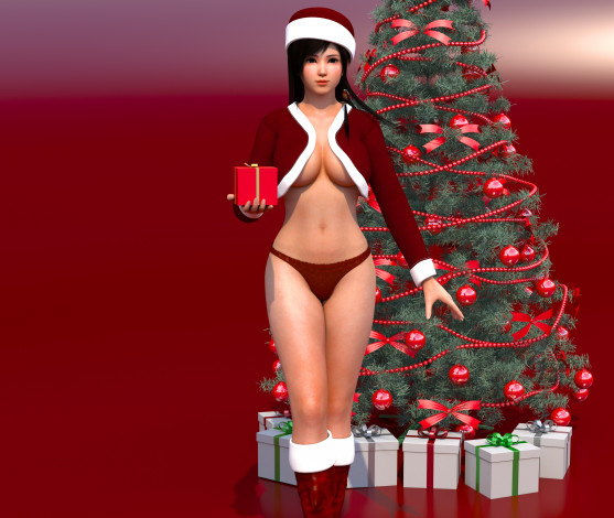 Обои картинки фото 3д графика, праздники , holidays, елка, фон, взгляд, девушка, подарки