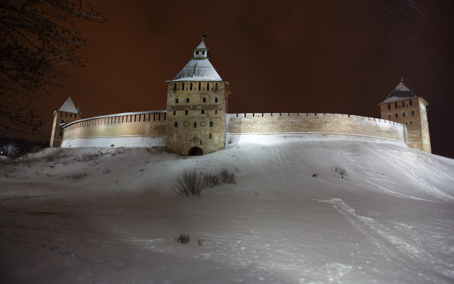 Обои картинки фото города, - дворцы,  замки,  крепости, великий, новгород, стена, крепость, снег, зима, вечер