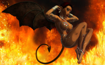 Картинка фэнтези демоны взгляд огонь крылья фон девушка