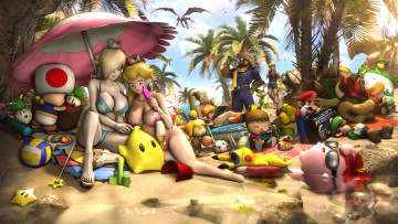 обоя видео игры, super mario 3d world, зонт, игрушки, пляж, девушки