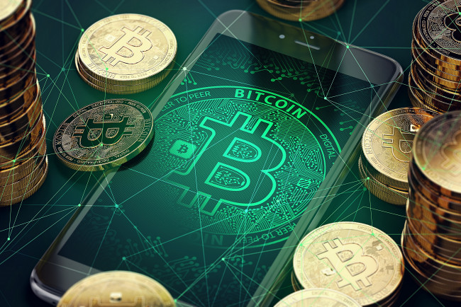 Обои картинки фото биткоин, разное, золото,  купюры,  монеты, монета, электронные, деньги, smartphone, bitcoin