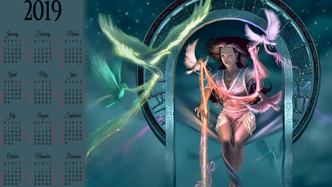 Обои картинки фото календари, фэнтези, женщина, calendar, 2019, птица, девушка