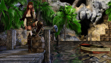 Картинка 3д+графика фантазия+ fantasy девушка фон взгляд униформа пистолет пират лодка